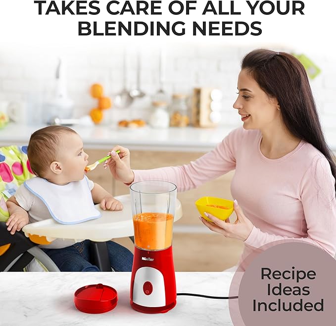 Mueller Smoothie Blender for Smoothies - Personal Blender for Shakes, Frozen Drinks, Baby Food & More, 15oz Travel Cup and Lid, Durable Stainless Steel Blades for Powerful Blending Performance, Red