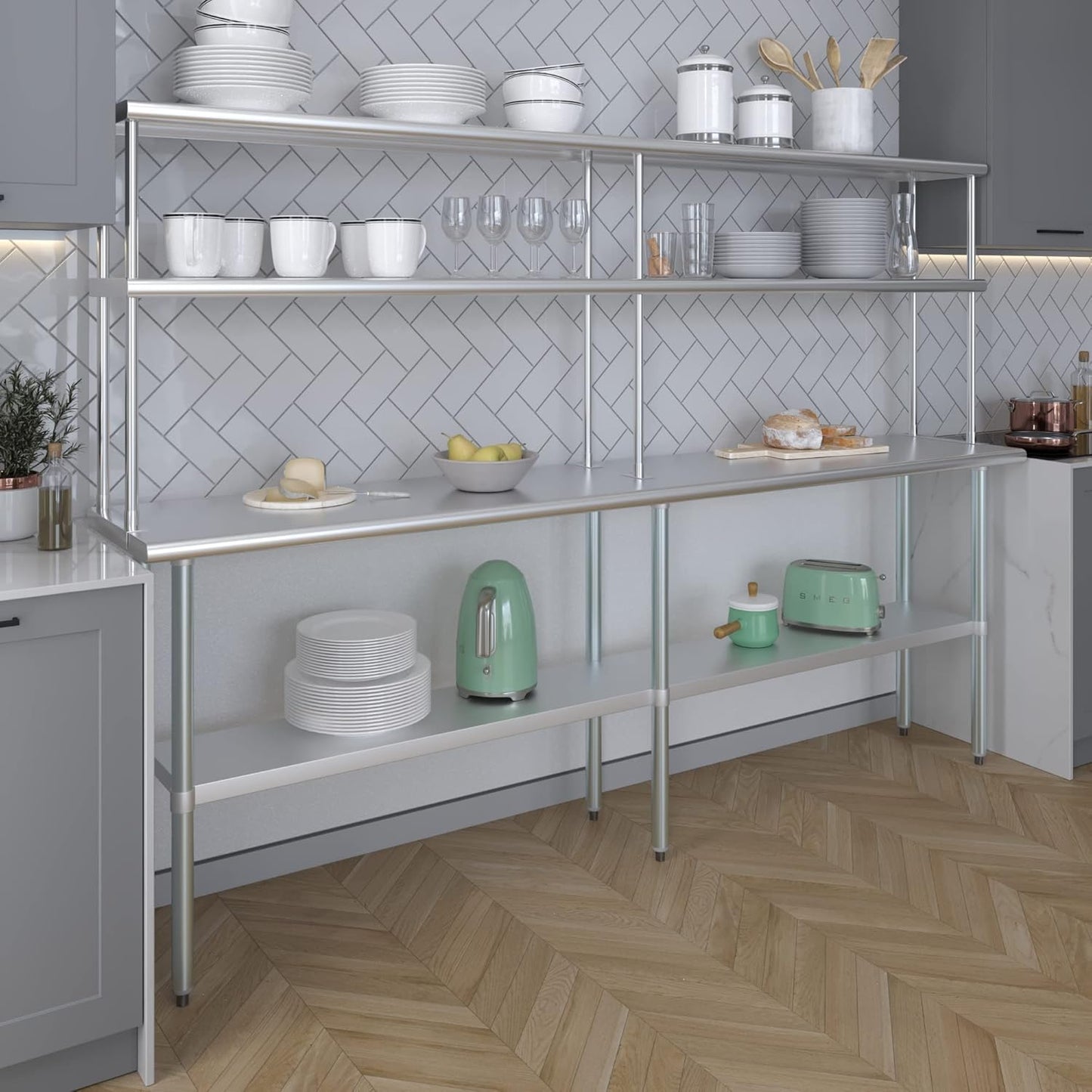 Amgood Stainless Steel Work Table Double Tier Overshelf | Metal Kitchen Prep Table & Shelving Combo (18" x 96" Work Table + 12" Overshelf)