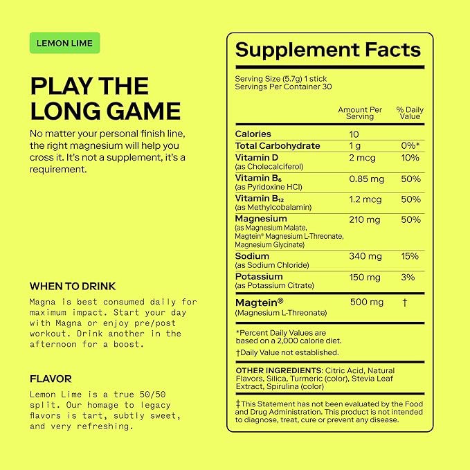 MAGNA Electrolyte Powder Drink Mix for Hydration, Energy & Focus Support with Magnesium L Threonate, Malate & Glycinate, Sodium, Potassium, Vitamin D, B6 & B12, Lemon Lime Flavor, 7 Servings