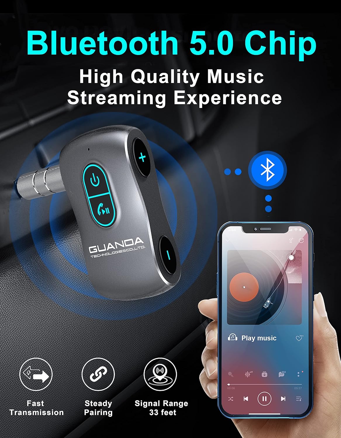 Bluetooth 5.0 Receiver for Car, Noise Cancelling AUX Adapter, Music Receiver for Car Stereo/PC/TV/Home Stereo/Wired Headphones/Speaker with Micro SD Card Slot and Hands-Free Calls