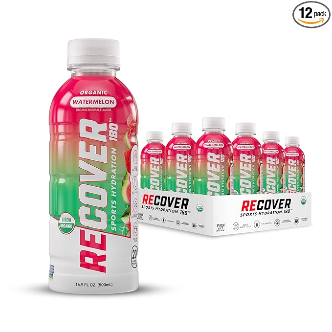 RECOVER 180 Organic Sports Hydration Drink, No Sugar Added, 20 Calorie Sports Beverage, Organic Flavors With Vitamins, Potassium-Packed Electrolytes (16.9 Fl Oz (Pack of 12), Watermelon)