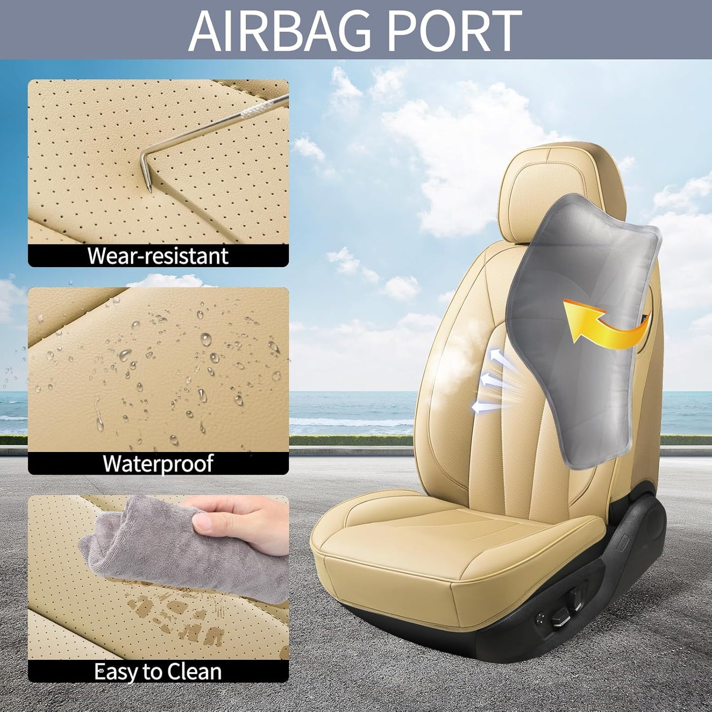Car Seat Covers,Waterproof Seat Covers Front Pair, Leather Car Seat Covers,Universal Seat Cushion Protector for Most Cars SUV Trucks,Beige