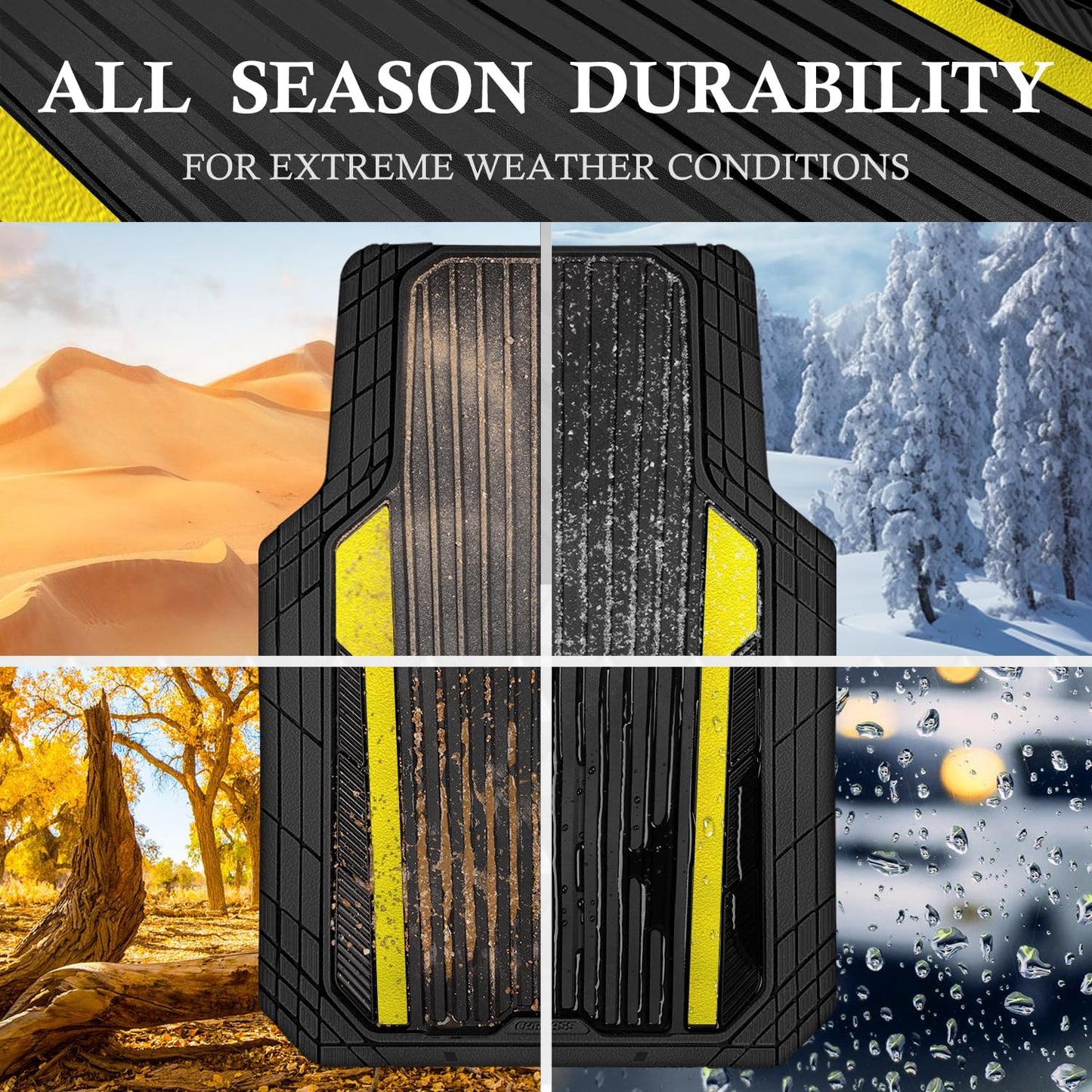 CAR PASS Yellow Car Mats Metallic, Aluminum Film All Weather Rubber Lemon Yellow car Floor Mats Waterproof Universal Trim to Fit SUV Sedan Van Truck 4 Piece Deep Dish Heavy Sporty Black Yellow Chrome