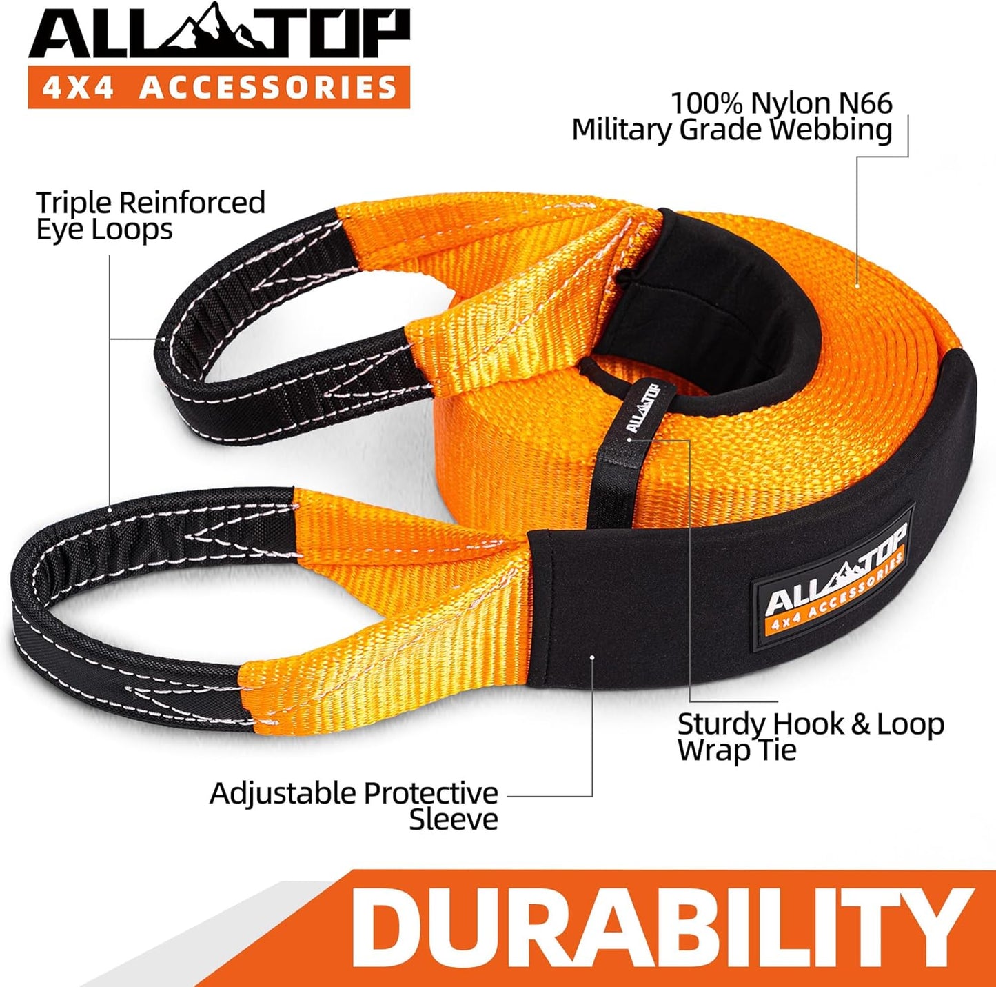 ALL-TOP Recovery Snatch Strap, 3in x 30ft - 35000Lbs, Heavy Duty 100% Nylon Kinetic Towing Recovery Strap with 22% Elongation & Reinforced Loops