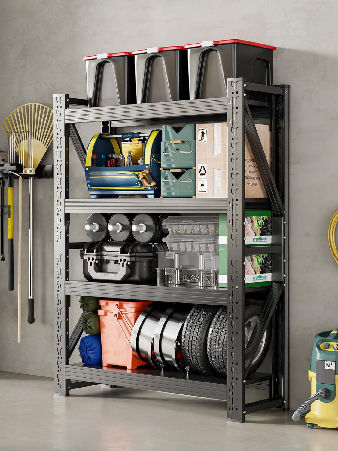 4-Tier Storage Shelves,79" H Heavy-Duty Garage Shelving Unit,Adjustable Industrial Metal Shelf System,3,400lbs Capacity,Tool Organizer for Garage,Workshop,42" W*20" D*79" H,Black