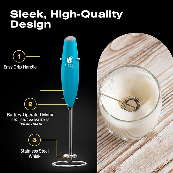 Bean Envy Milk Frother Handheld for Coffee - Electric Hand Blender, Mini Drink Mixer Whisk & Coffee Foamer Wand with Stand for Lattes, Cappuccino, Matcha and Hot Chocolate - Kitchen Gifts - Light Blue