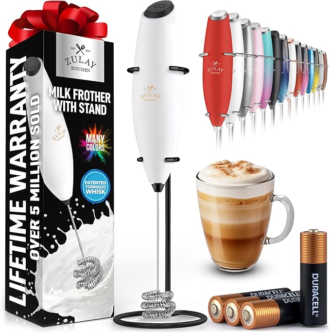 Zulay Kitchen Tornado Whisk Milk Frother with 4 AA Duracell Batteries - Triple Whisk for More Power - Handheld Coffee Frother with Stand - Drink Mixer for Lattes, Matcha & Protein Shakes
