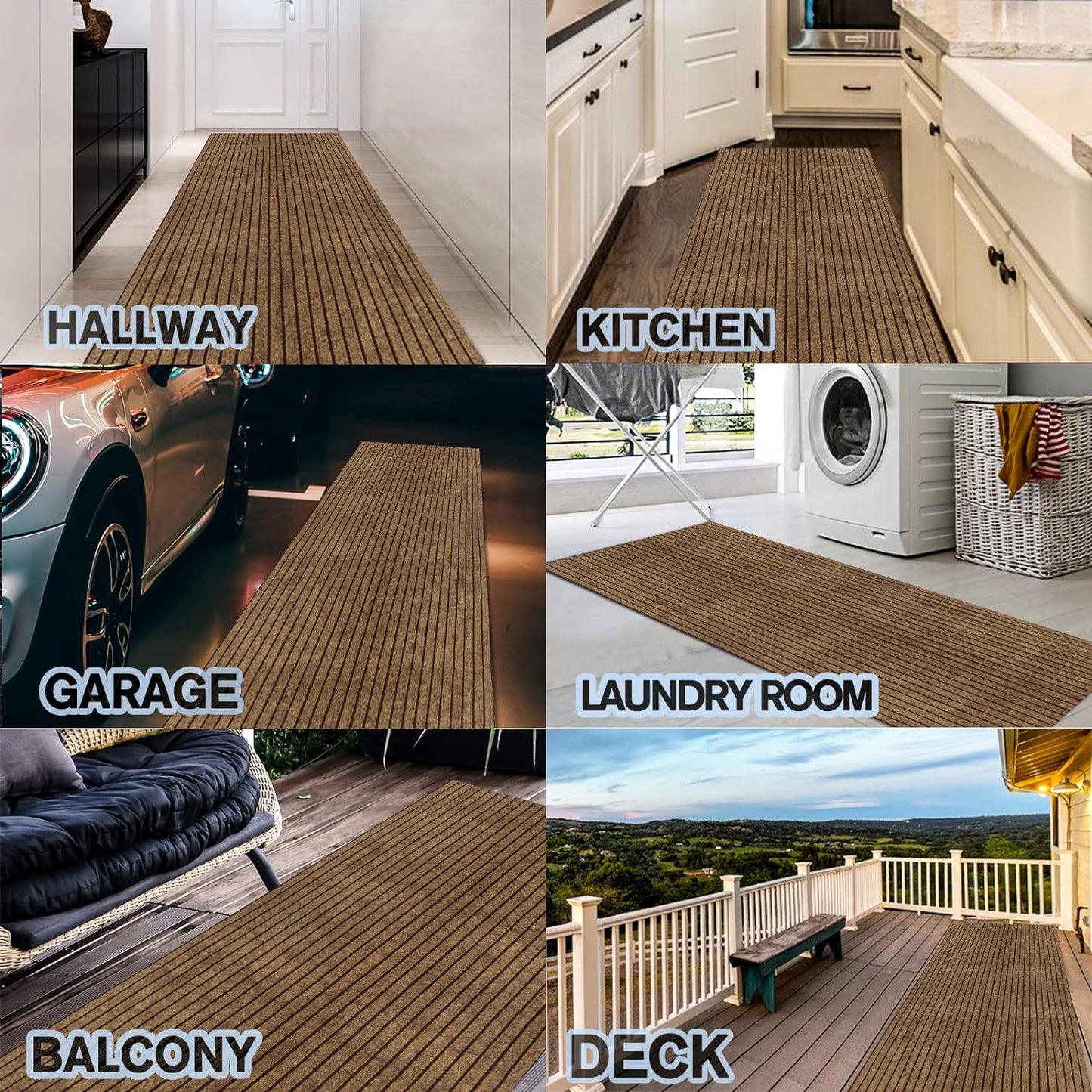 Custom Size Backed Non-Slip Area Rugs Runner, Easy Clean, Waterproof Runner Rugs for Hallway Entryway, Kitchen, Laundry, 2FT x 32FT, Brown Stripe