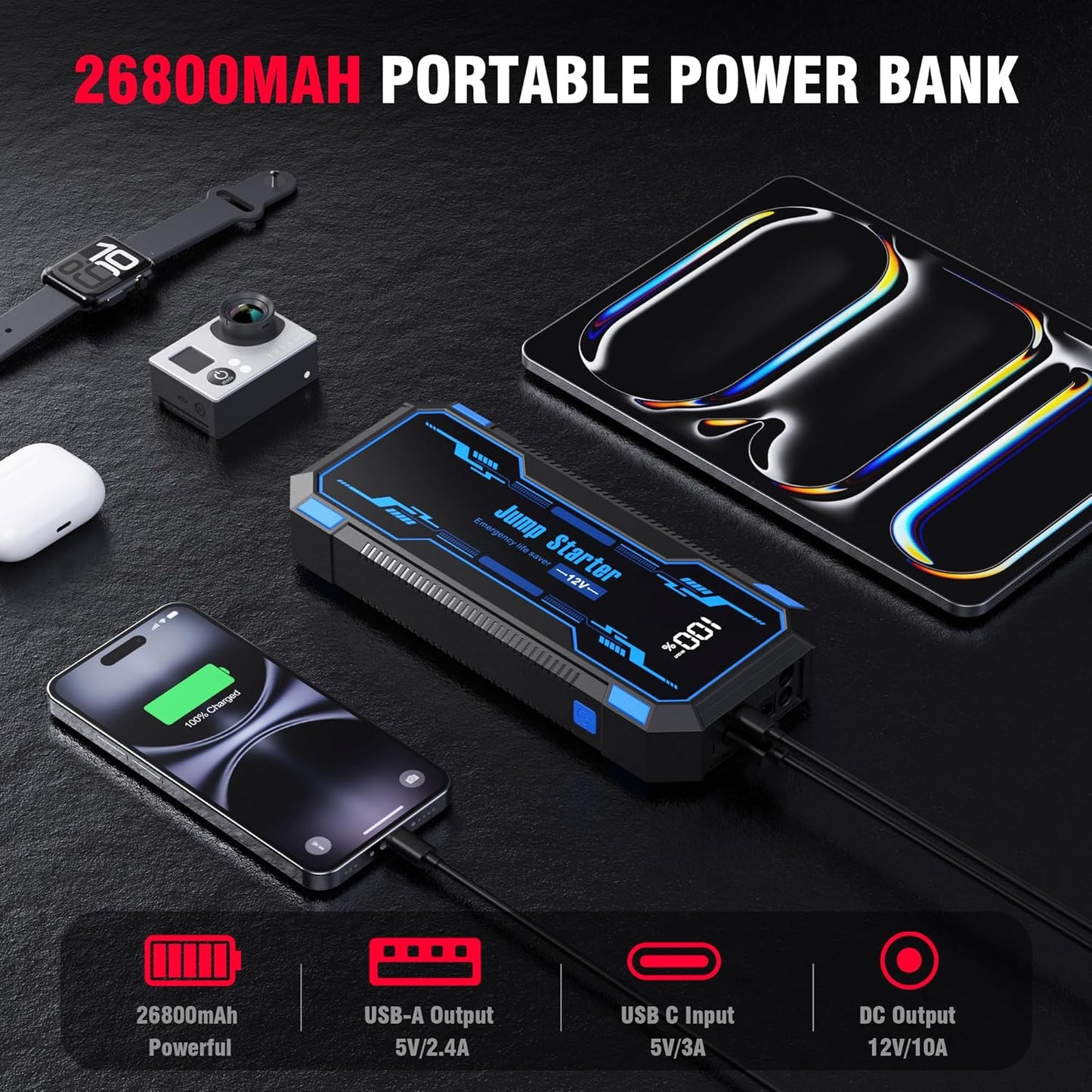 Car Jump Starter 6000A Car Battery Jump Starter Portable,12V Battery Jumper Starter Portable(10.0L Gas/8.0L Diesel),LCD Display Jump Box Jump Starter Battery Pack with Jumper Cable & Flashlight-Blue