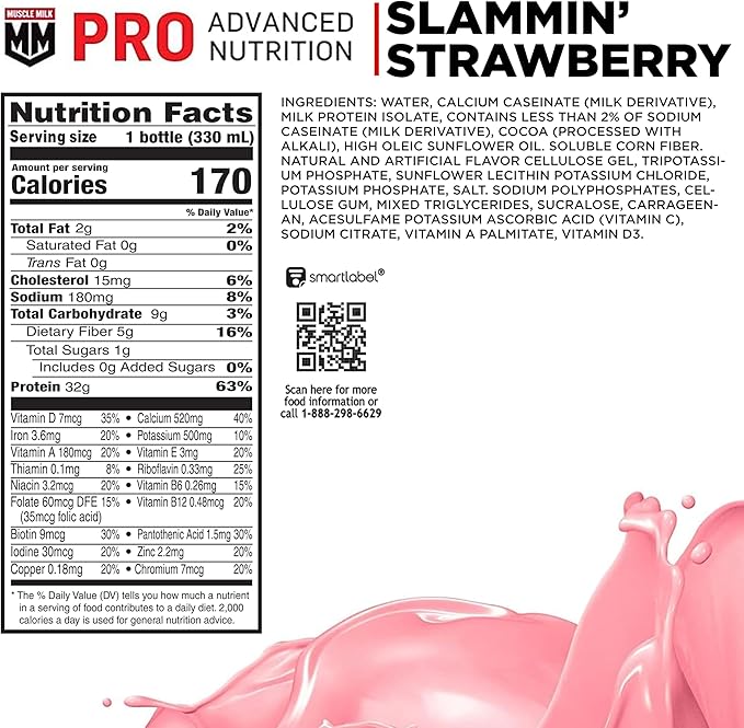 Muscle Milk Pro Advanced Nutrition Protein Shake, Slammin' Strawberry, 11.16 Fl Oz (Pack of 12), 32g Protein, 1g Sugar, 16 Vitamins & Minerals, 5g Fiber
