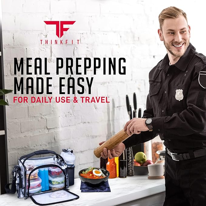 ThinkFit Clear Lunch Bag with 6 Meal Prep Containers - BPA-Free, Reusable, Microwave + Freezer Safe - With Shaker Cup and more! Clear Lunch Box - Transparent Bag for Work