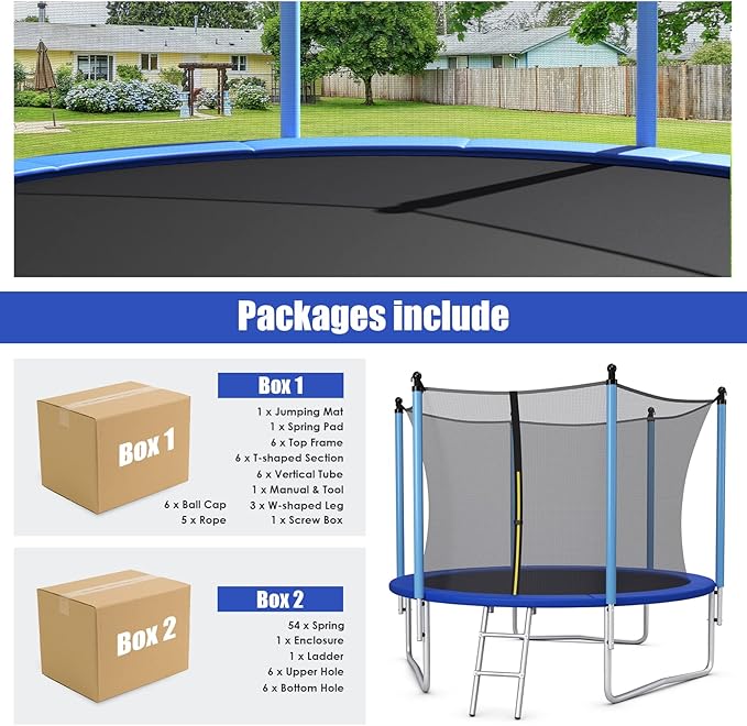 GYMAX Trampoline, 8FT 10FT 12FT 14FT 15FT 16FT Recreational Trampolines w/Safety Enclosure Net & Ladder - ASTM Certificated, Outdoor Trampoline for Kids and Adults