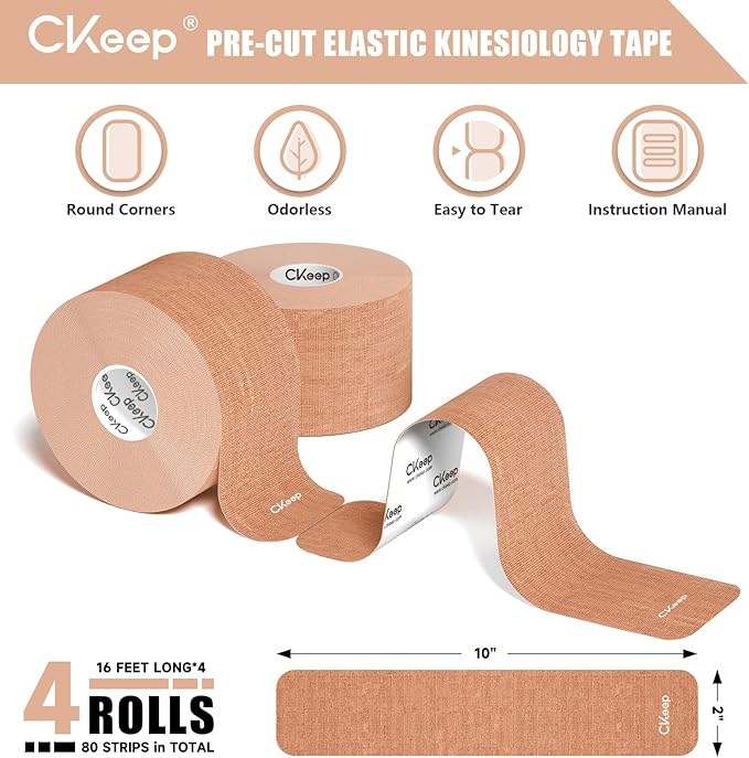 CKeep 4 Rolls Kinesiology Tape, Original Cotton Elastic Athletic Tape, 20 Precut 10" Strips Each, Beige, Ideal for Muscle Support & Injury Prevention