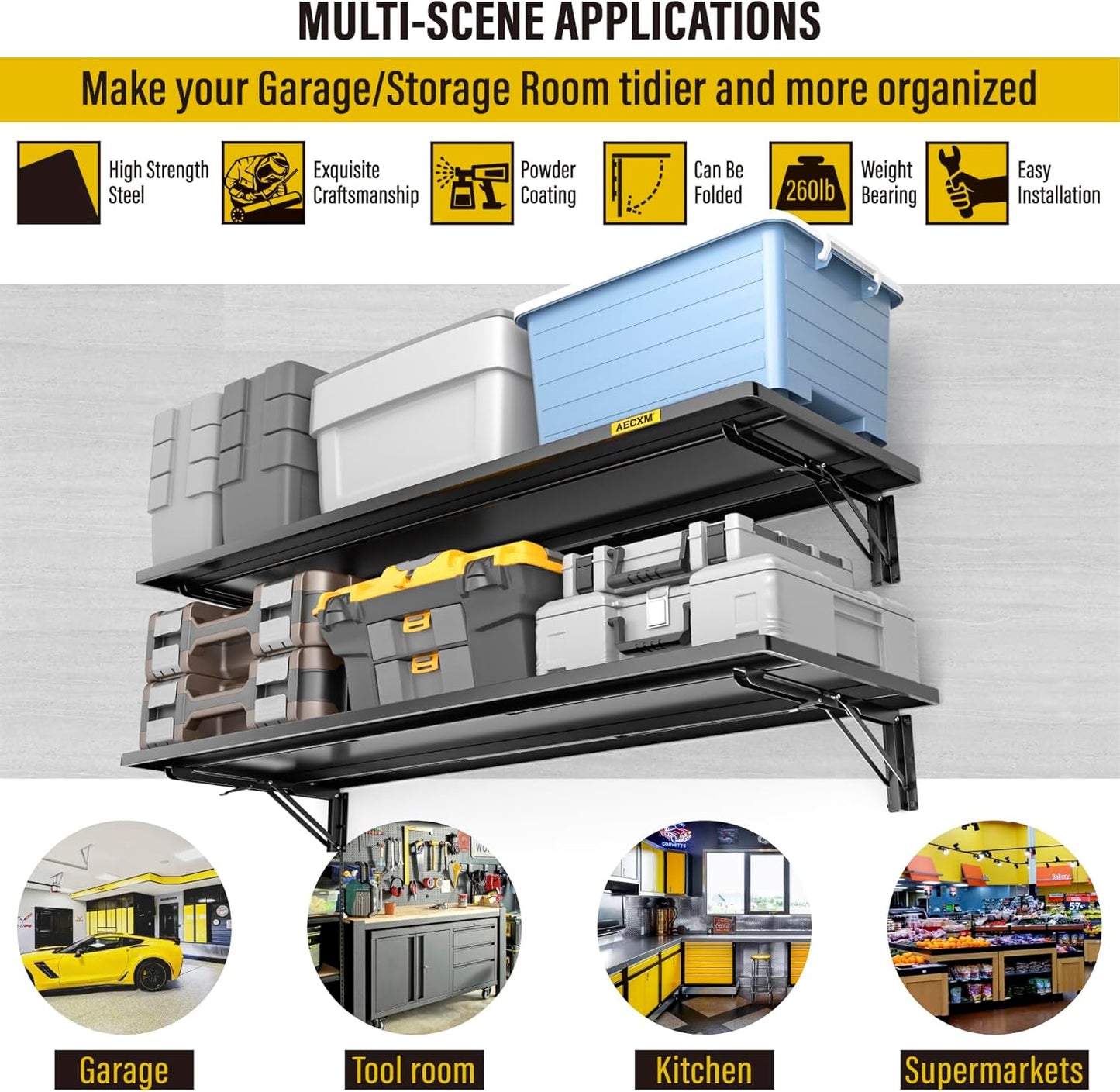 2pack-1.3x4ft Adjustable Rail Type Folding Storage Rack Shelf, Suitable for Garage, Storage Room, kitchens Wall Shelf Garage Storage Rack Floating Shelves, Wall Mounted Folding Table(2pcs-Black)