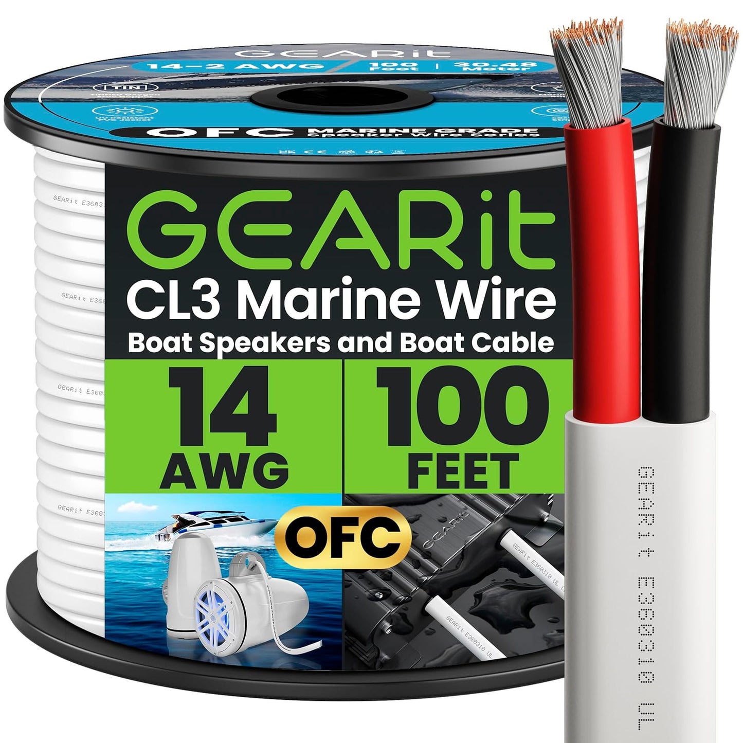 GEARit Marine Wire 14 Gauge 14/2 AWG (100 Feet), Duplex Marine Grade Tinned Copper, Red & Black 2-Conductor Electrical Cable, Oxygen-Free, Insulated for Boat, RV, Camper, Trailer, Automotive