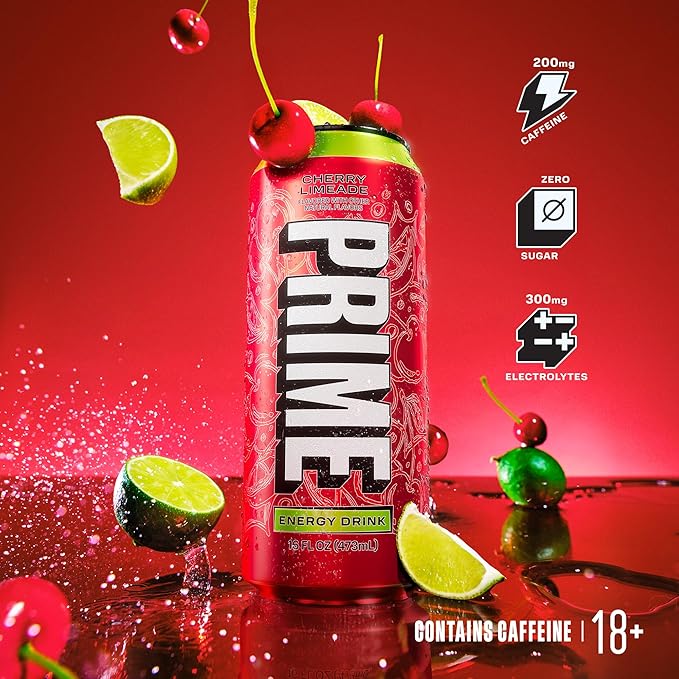PRIME Energy CHERRY LIMEADE, Zero Sugar Energy Drink, 200mg Caffeine and 300mg of Electrolytes for Hydration, Vegan, Gluten Free,16 Fluid Ounce, 12 Pack