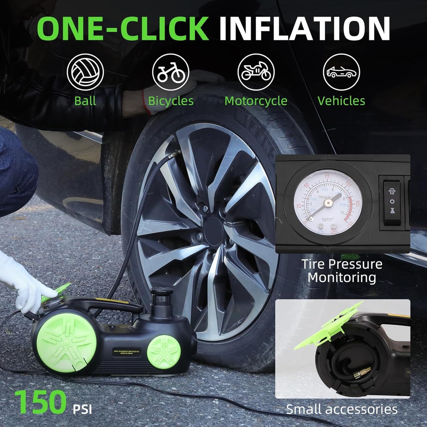 Electric Car Jack Set 5 in 1 Floor Jack Hydraulic Jack Kit 5 Ton Truck Tire Jack Lift with Integrated Tire Pump and Impact Wrench for SUV Truck Sedan Vehicle Roadside Emergency Tire Change