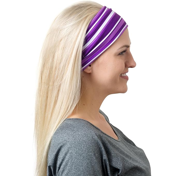 RiptGear Stretch Sport Headband for Women (Purple Solid and Striped) — Non-Slip Sweat Wicking Fabric Great for Yoga, Running or The Gym — Soft Headband Fits Most Head Sizes — (2-Pack)