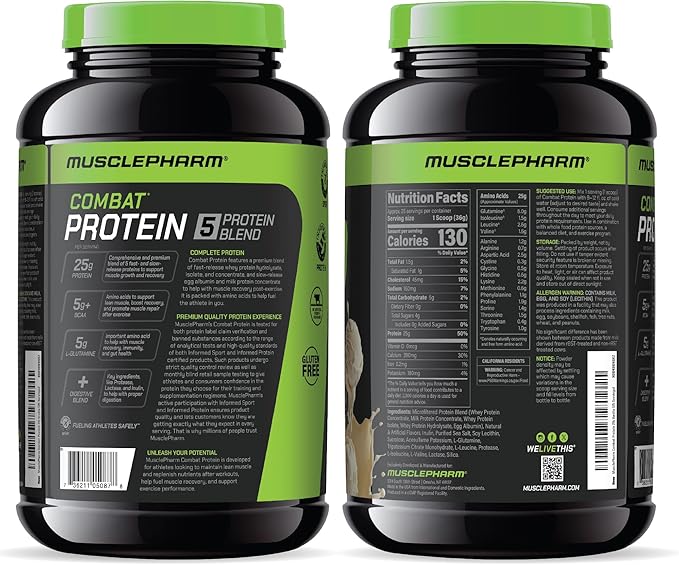 MusclePharm Combat Protein Powder, Vanilla Flavor, Fuels Muscles for Productive Workouts, 5 Protein Sources Including Whey Protein Isolate & Egg Albumin, Gluten Free, 2 lb, 25 Servings