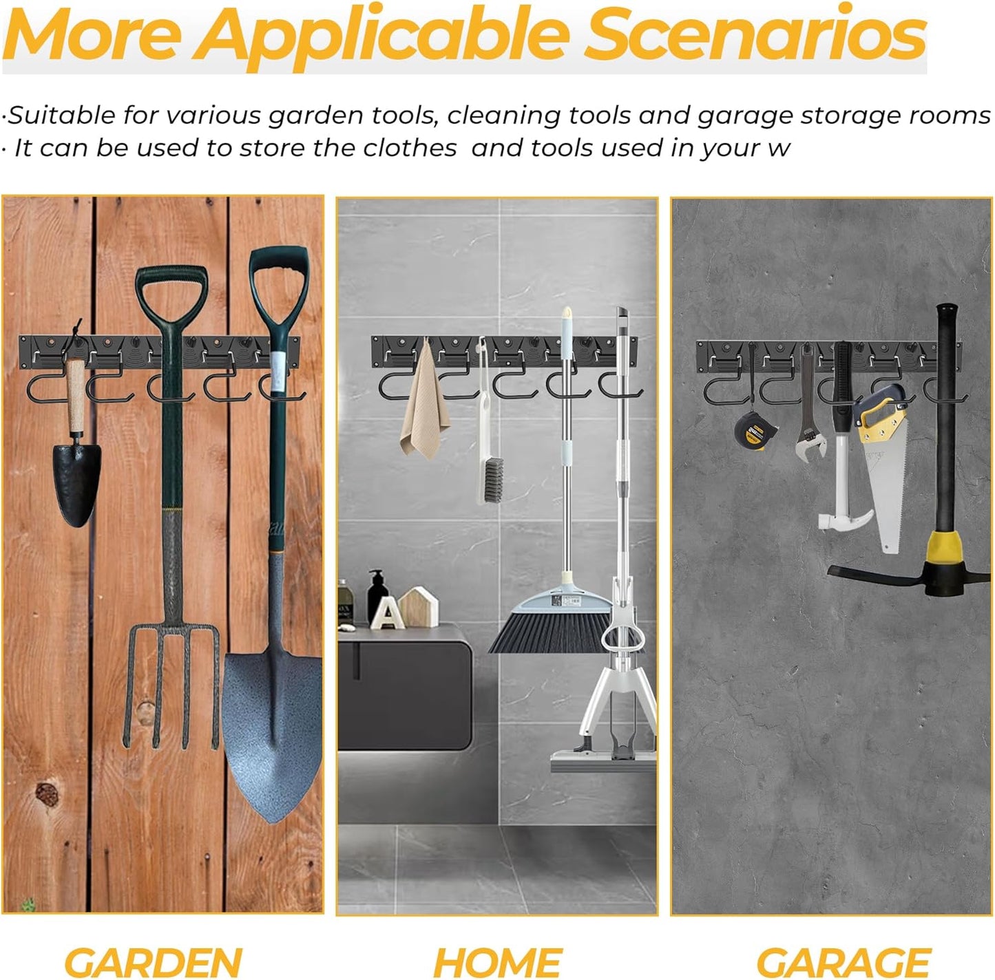 51 Inch Garden Tool Organizer Wall Mount with Non Slip Rubber Coated Metal Hooks, Storage Rack for Indoor/Outdoor Shovel, Rake, Mop and Broom Holder Wall Mount （ 15 Hooks+15 Holders