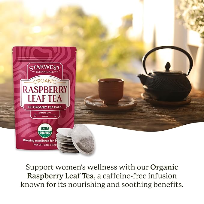 Starwest Botanicals Organic Raspberry Leaf Tea - Caffeine Free Herbal Tea, Supports Wellness for Women, String Free Sachets, USDA Organic Raspberry Leaf, Non GMO - Bulk Pack, 100 Tea Bags