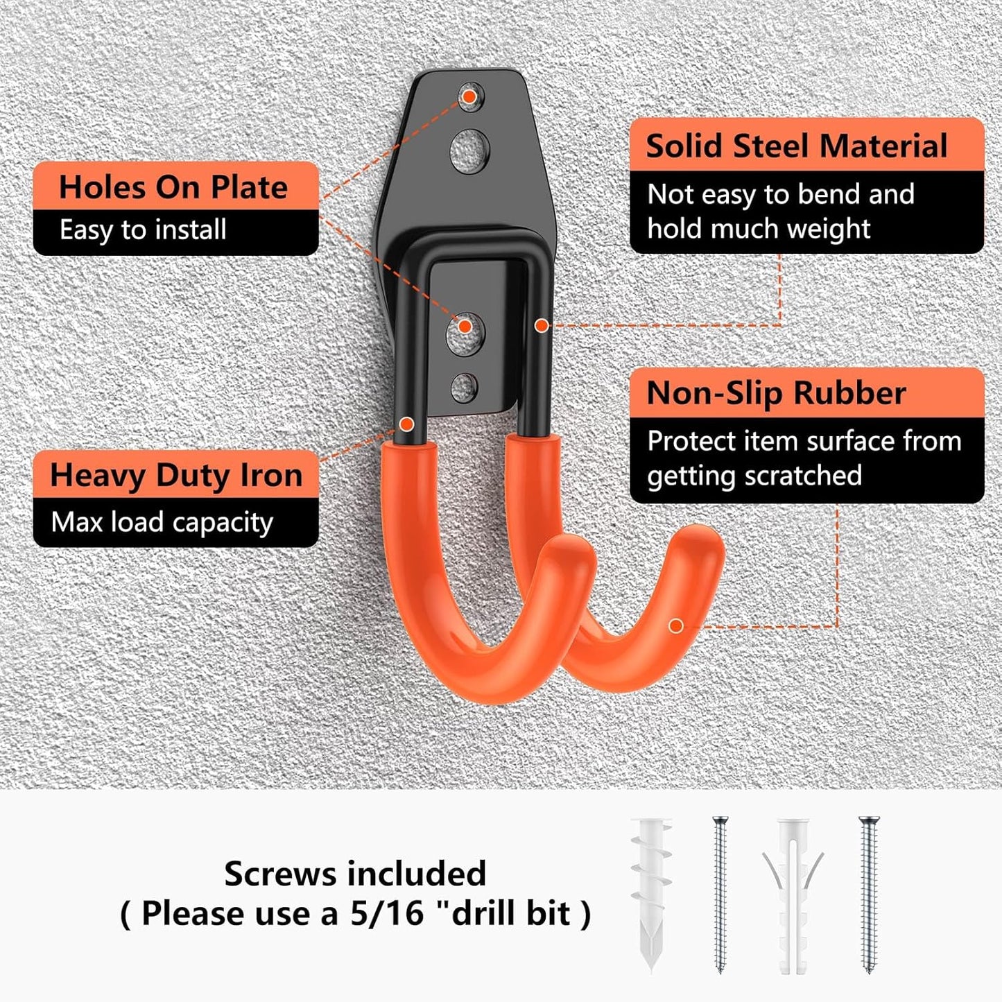 8 Pack 4.7x2.6 Inch Utility Steel Wall Mount Heavy Duty Garage Hooks with Anti-Slip Coating,Storage More Yard,Garden and Power Tools and for Hanging Hose,Ladder and Bike