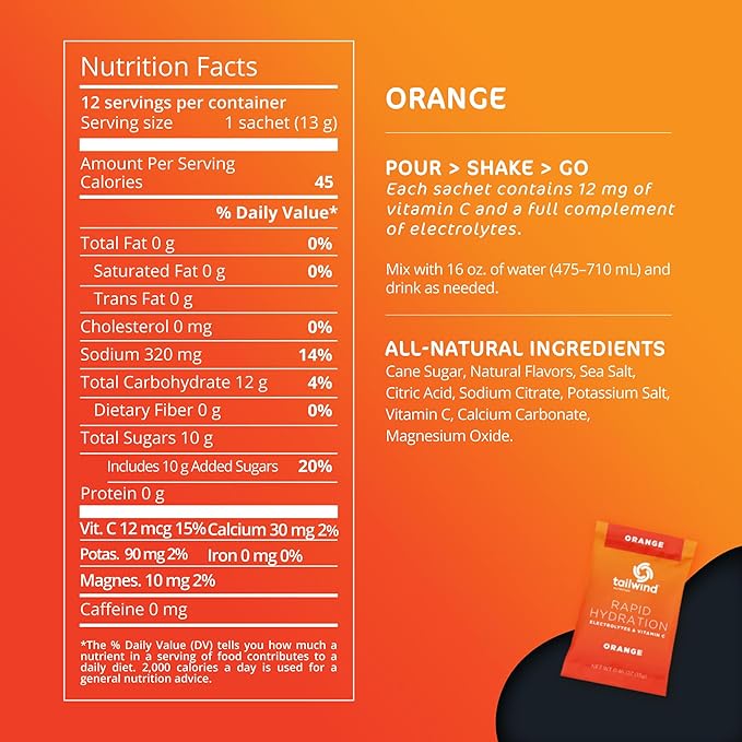 Tailwind Nutrition Rapid Hydration, Electrolyte & Hydration Powder, Vitamin C & Sea Salt Exercise Workout Mix, Orange, Pack of 12 Sticks