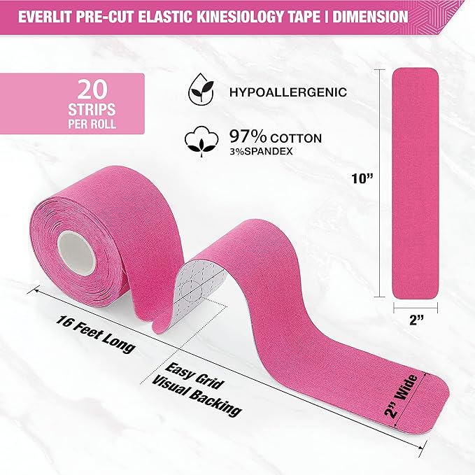 EVERLIT [Single] Pre-Cut Elastic Cotton Kinesiology Therapeutic Athletic Sports Tape, for Pain Relief and Support, 20 Precut 10” Strips (Pink)
