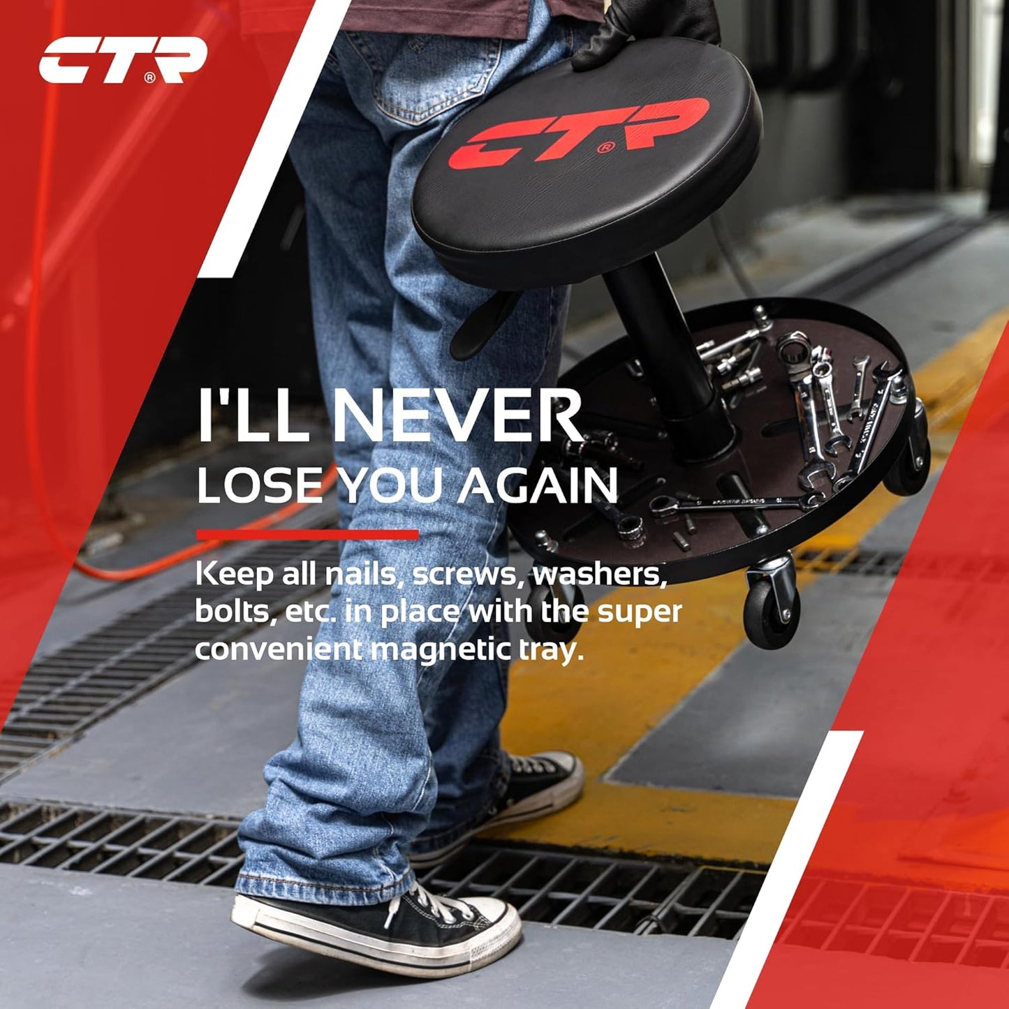 CTR Rolling Mechanic Shop Stool with Magnetic Tool Tray, Heavy Duty Work Stool, Adjustable Garage & Workbench Stool with Wheels, Creeper Seat Shop Chair