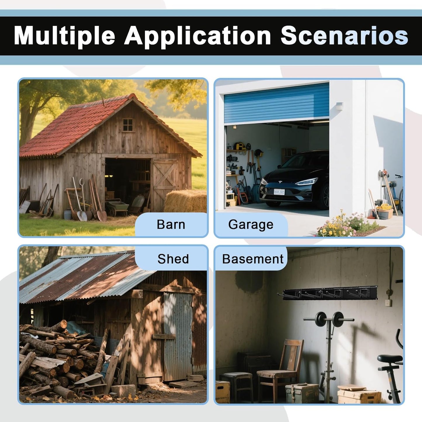 Garage Tool Organizer Wall Mount 48in- 6 Heavy Duty Hooks,360lbs Capacity, Garage Organization & Storage Rack for Broom, Rake & Snow Equipment - Tool Organizer & Men’s Gift Choice