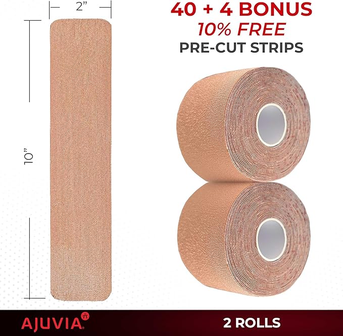 AJUVIA Synthetic Kinesiology Tape, 2 Rolls, 10% Bonus, 40 + 4 Precut Strips, Lasts up to 14 Days, Hypoallergenic and Waterproof K Tape for Muscle Pain Relief and Joint Support