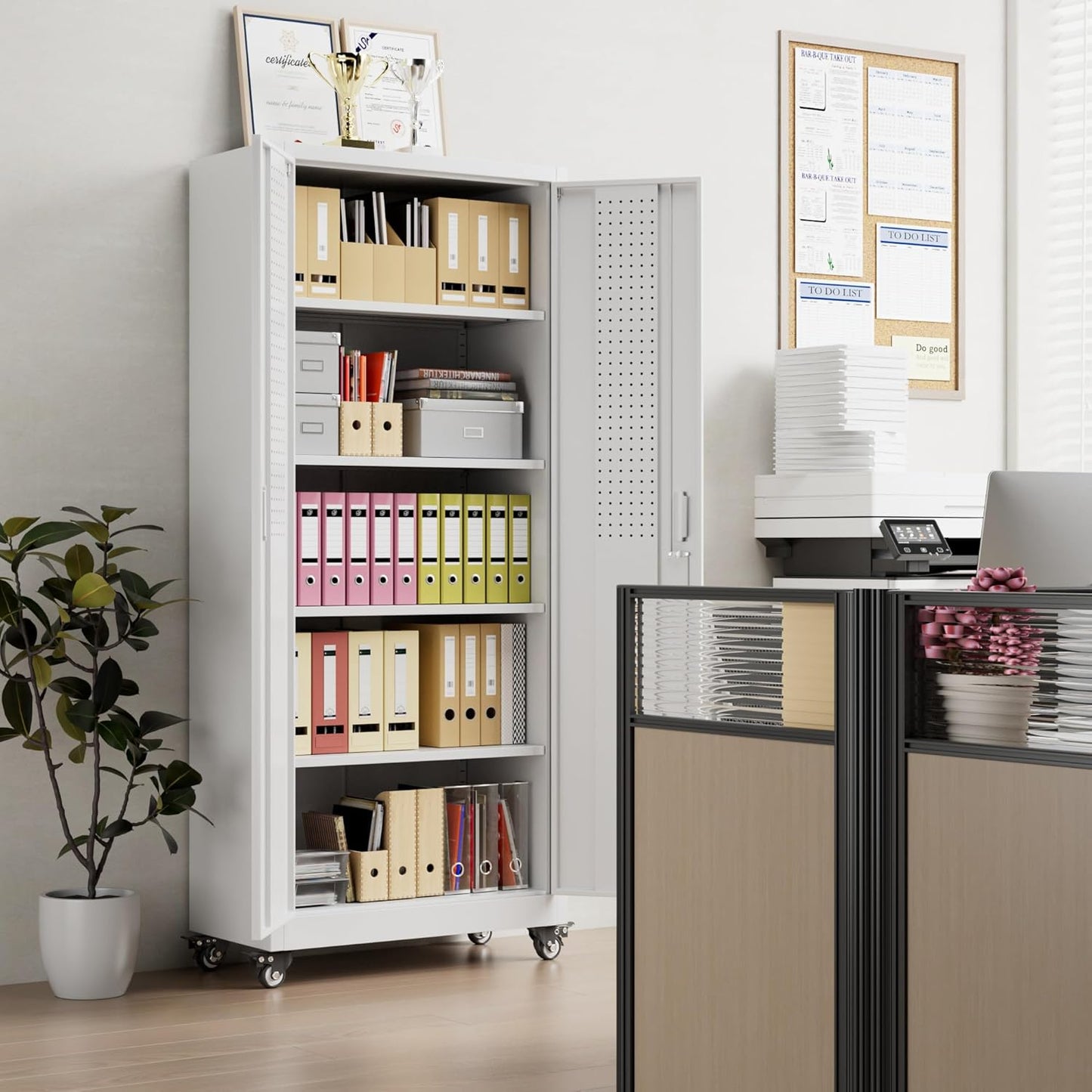 Garage Storage Cabinet with with Pegboard and Wheels,73" Metal Lockable File Cabinet with 2 Doors and 4 Adjustable Shelves,Tool Storage,Home Office Garage,Gym,School (White)