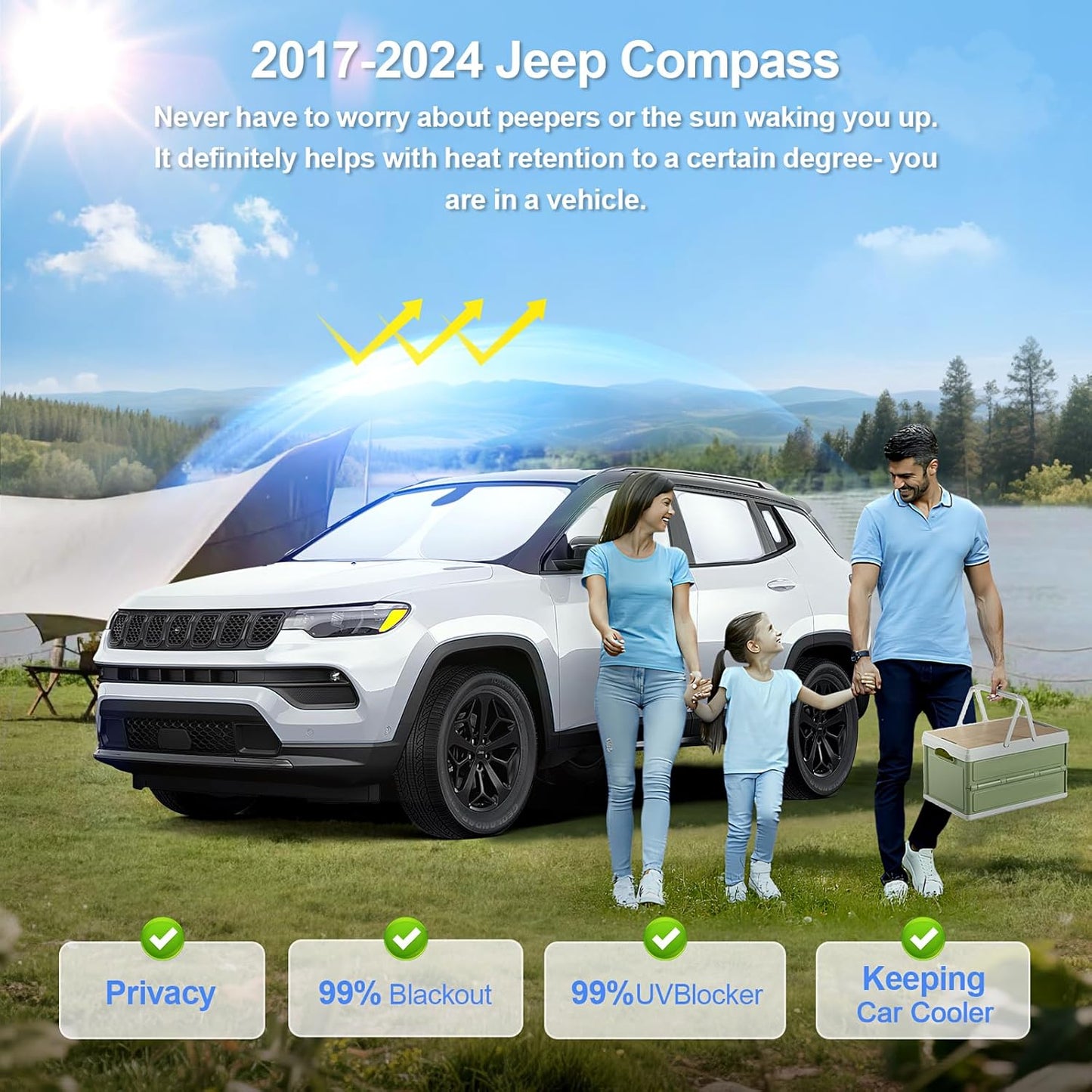 8pcs Car Window Shades for Jeep Compass 2017-2024 Accessories,Windshield Side Rear Full Sunshade,Sun Visor UV Blocking, Privacy Protection and Blackout for Camping Outdoor