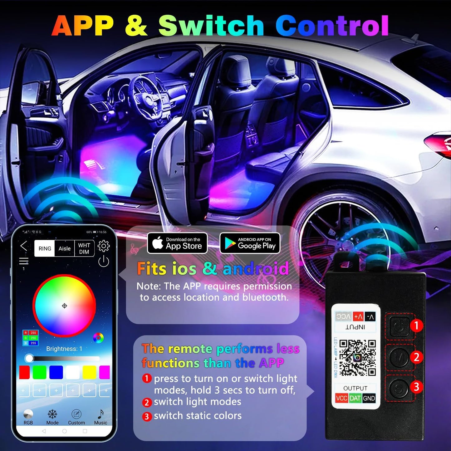 Car Led Interior Light Strip 72LEDs Under Dash Foot Well PVC Housing RGB DIY 210 Modes Static/Chase/Gradient/Strobe, Music Sync, Timer App Switch Control, USB 5V DC 12V, No Remote