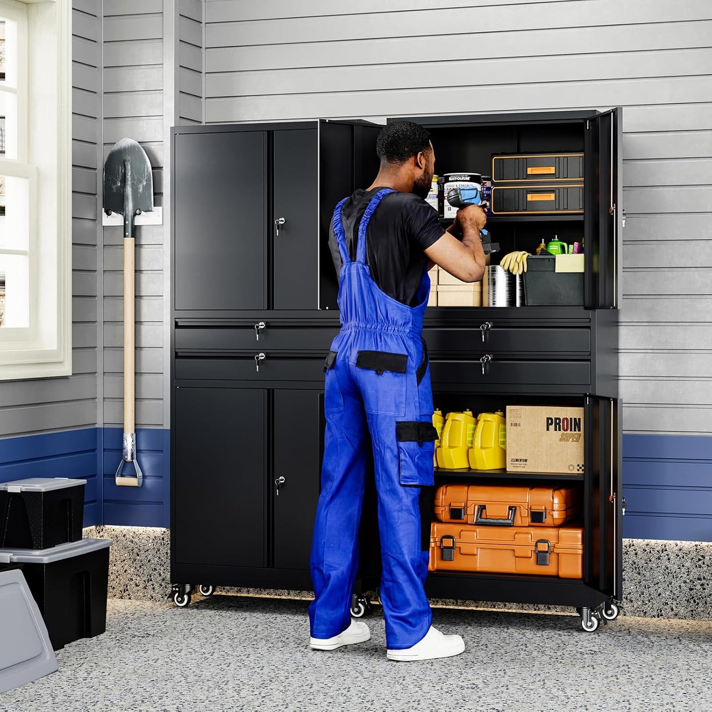 Yizosh Metal Garage Storage Cabinet with Locking Doors and Adjustable Shelves, 74" Rolling Tool Storage Cabinet with 4 Wheels and 2 Drawer for Garage,Warehouse