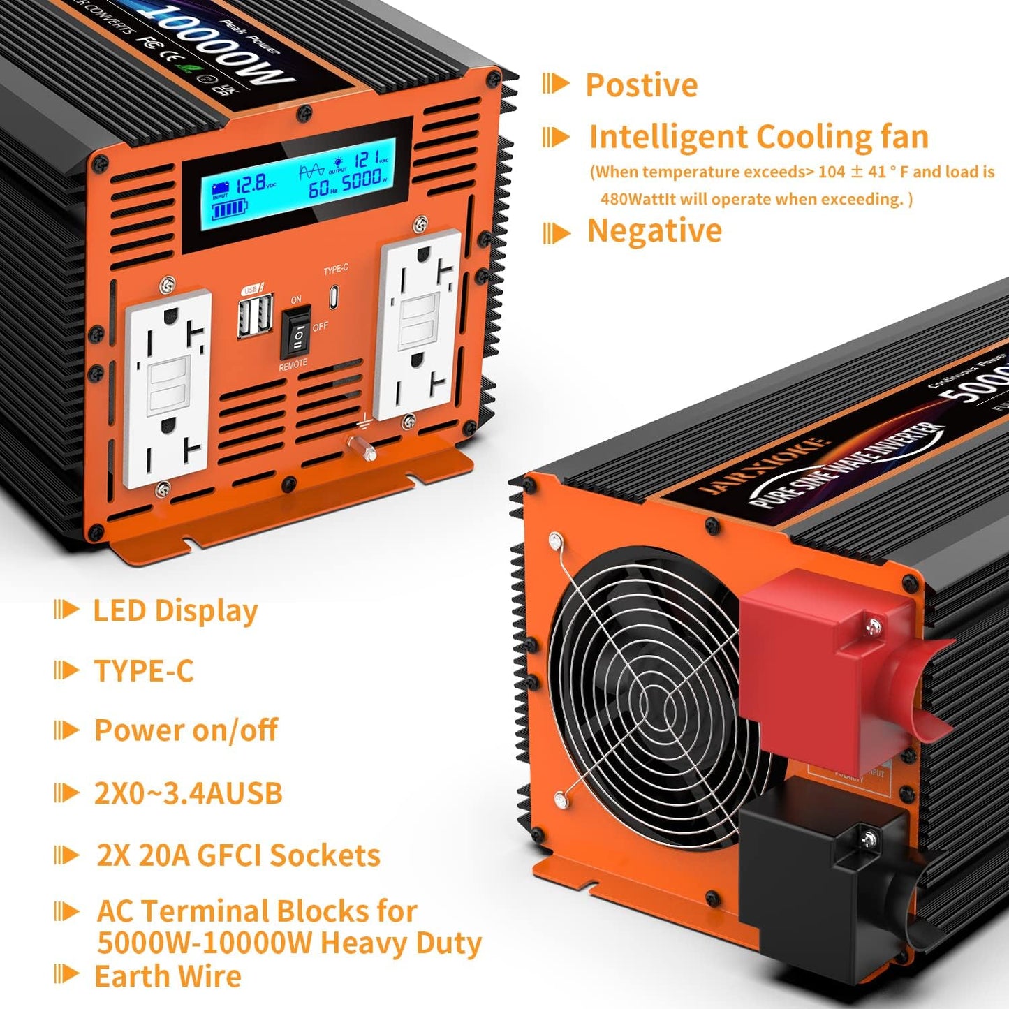 5000W Pure Sine Wave Power Inverter 12V DC to 110V 120V Converter for Family RV Off Grid Solar System Emergency Power Supply, Type-C Port 4 GFCI AC Outlet Dual USB Remote Control and LCD Display