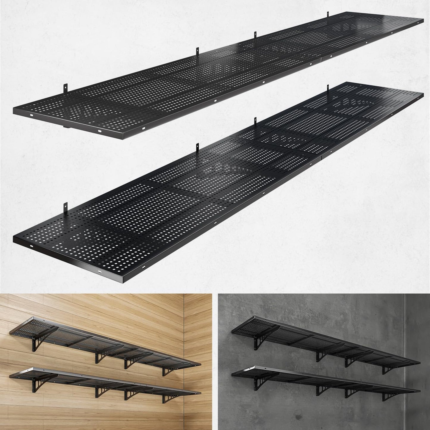 4-Pack 1.5x4ft Heavy Duty Garage Wall Shelving, 1000 lbs Load Capacity, Garage Shelving Wall Mounted, Garage Storage Rack with Hooks, Black