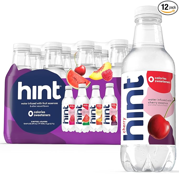 Hint Water Purple Variety Pack (Pack of 12), 16 Ounce Bottles, 3 Bottles Each of: Raspberry, Watermelon, Cherry, and Peach, Zero Calories, Zero Sugar and Zero Sweeteners
