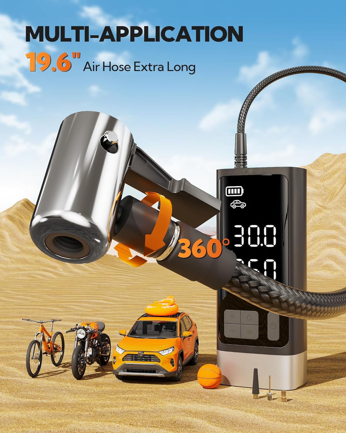 Portable Tire Inflator with Dual-Cylinder, 5 x Fast Inflation Car Air Compressor with Memory Function, 150PSI Cordless Tire Inflator Rechargeable with Battery,12V DC for Pickup Car, Moto, Bikes, Balls