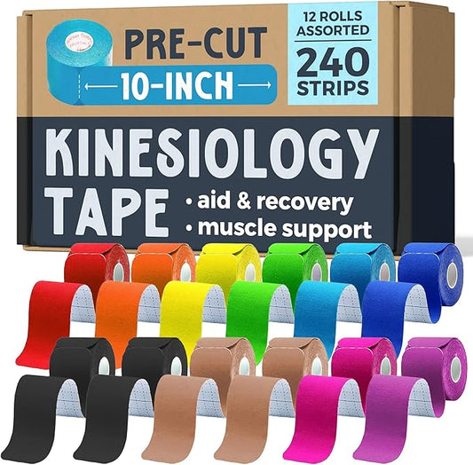 PreCut Kinesiology Tape – 20 Pre Cut 10" per Roll - 240 Total Strips - Elastic Athletic K Tape Precut Strips for Ankle, Knee, Shoulder, & Plantar Fasciitis Pain – 12 Pack Assorted