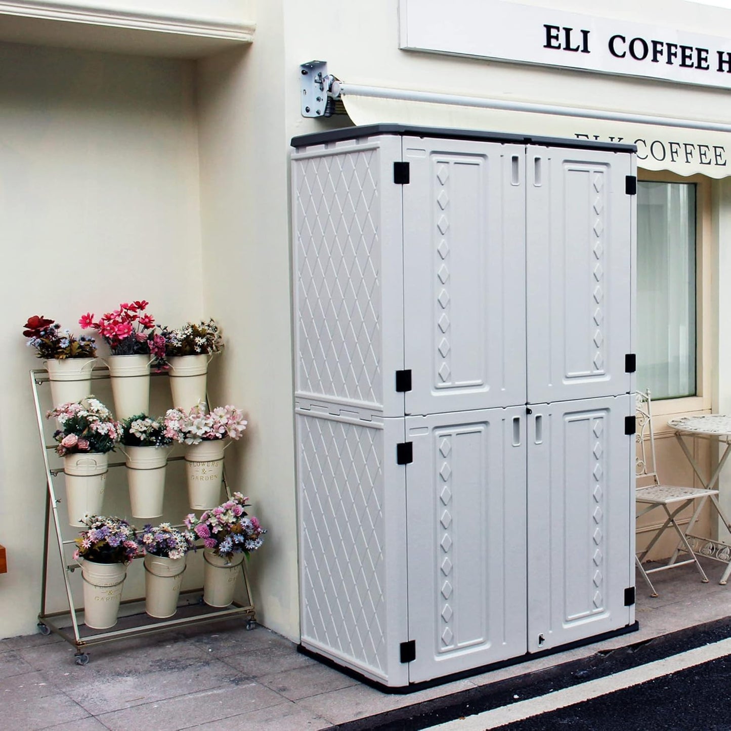 ADDOK Vertical Outdoor Storage Shed with Floor, 54 Cu Ft Outdoor Storage Cabinet with Lockable Double Doors, All-Weather Durable Plastic Construction for Patio, Backyard, Lawn and Garden, White