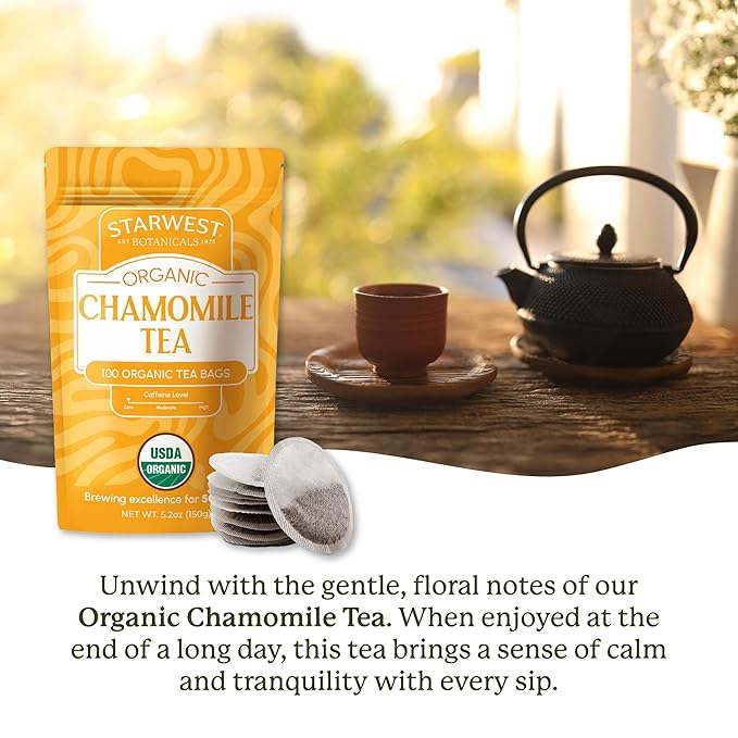 Starwest Botanicals Organic Chamomile Tea - Caffeine Free Herbal Tea, Supports Sleep & Relaxation, String Free Sachets, USDA Organic Chamomile, Non GMO - Bulk Pack, 100 Tea Bags