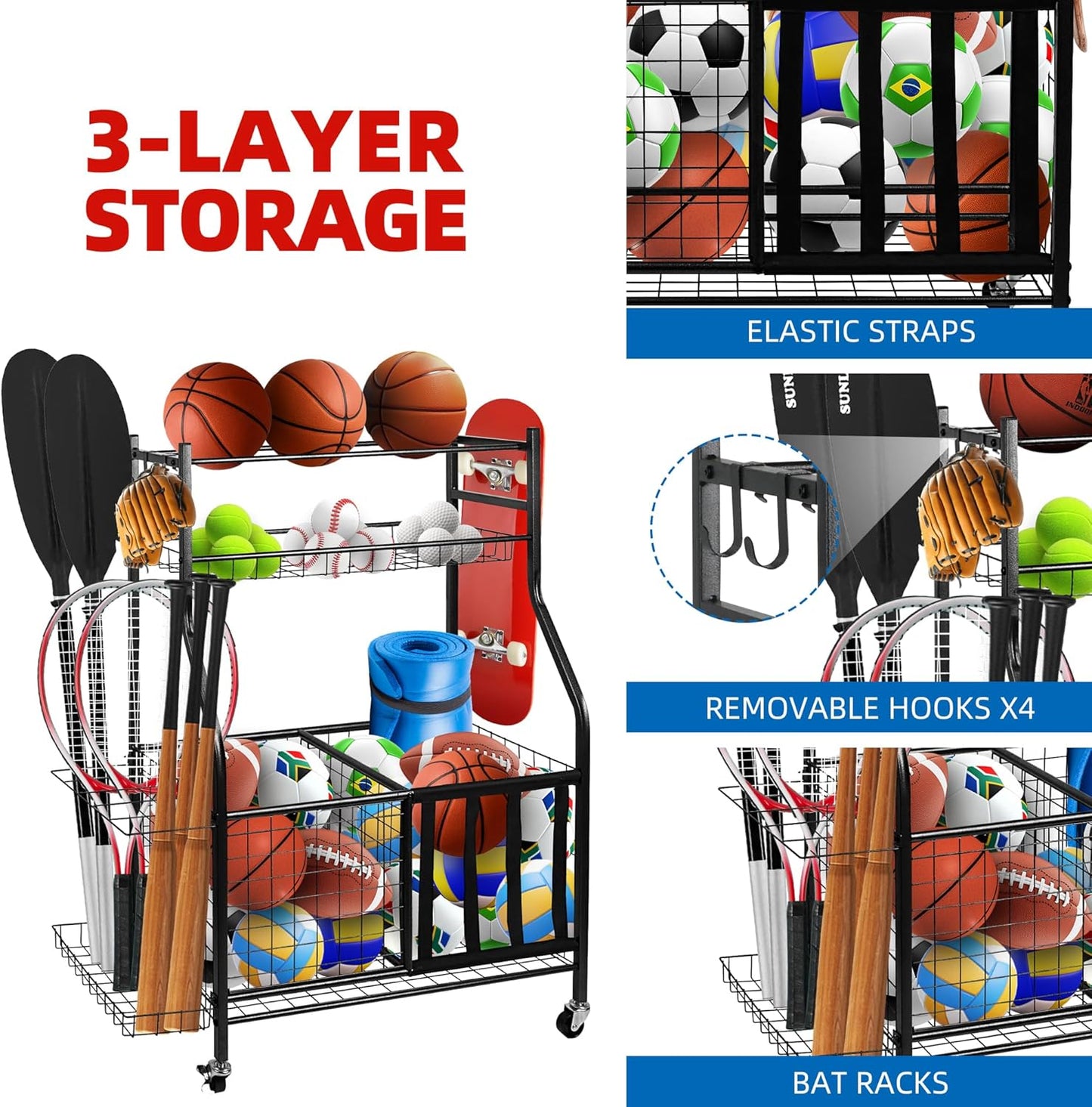 Garage Sports Equipment Organizer, Ball Storage Rack,Garage golf Organizer with Basket and Hooks,Rolling Sports Ball Storage Cart for Toy Gear Storage (45.71 inch)