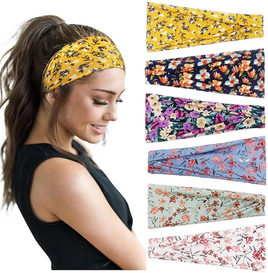 Huachi Women's Headbands Boho Headbands for Women Workout Yoga Exercise Hairbands Non Slip Headband Fashion Sumemr Hair Bands, Floral Print, 6 Pack