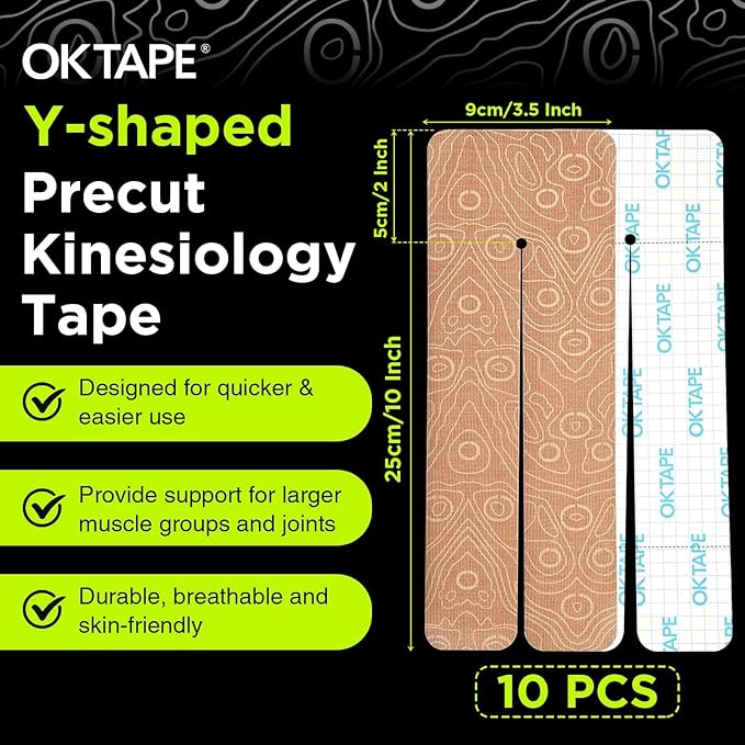 OK TAPE Precut Y-Shape Kinesiology Tape for Shoulder, Knee, Back, 10 Pcs, K Tape Strips, Provide Support & Relieve Discomfort, Water-Resistant Elastic Athletic Tape (3.5" x 10", Beige)