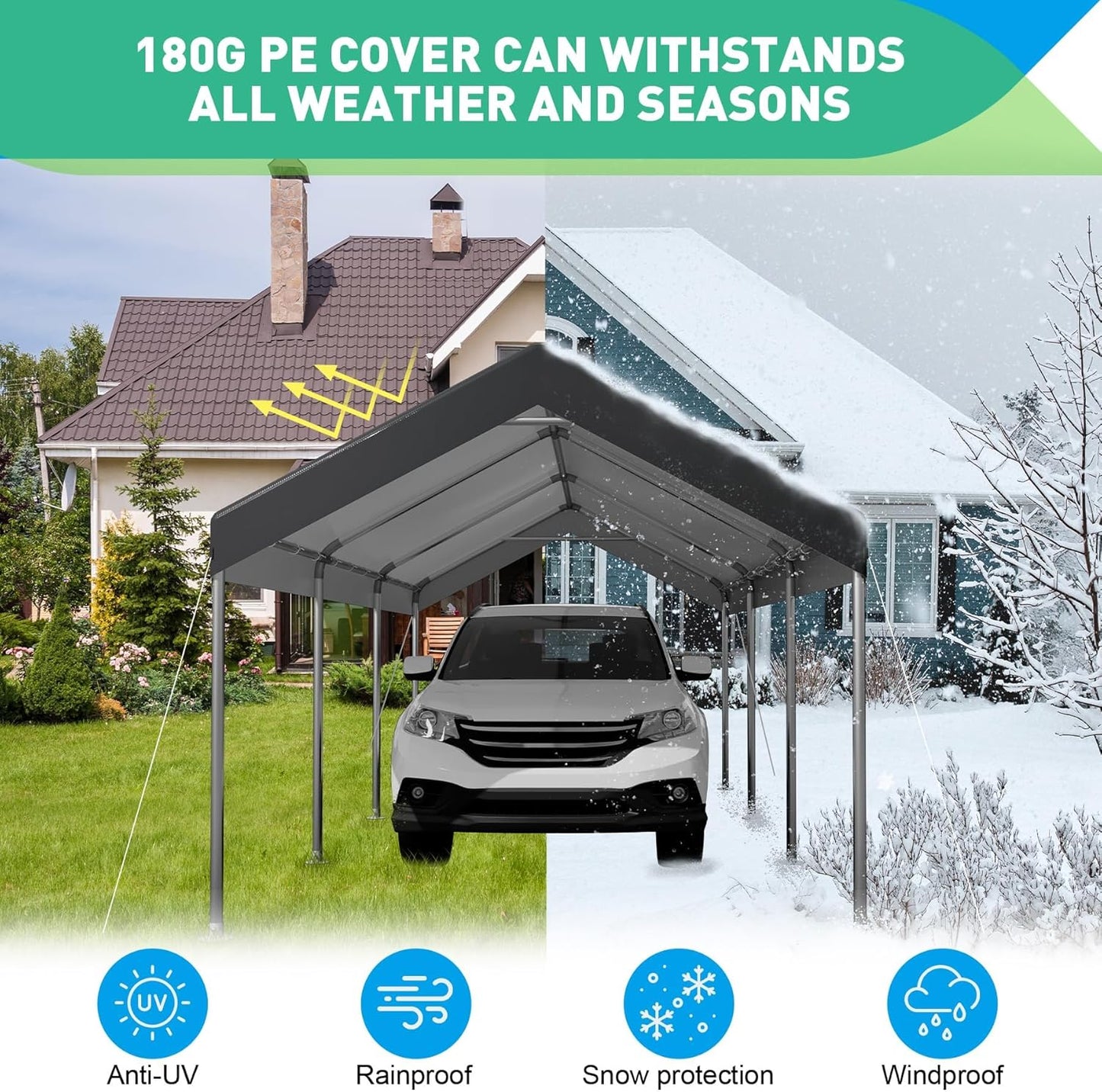 12X20 Ft Heavy Duty Carport Canopy, Portable Garage, Car Tents, Easy to Assemble, Reinforced Structure, with Hanging Edge, Applicable to Car, Bike, Boat, Party (Gray)