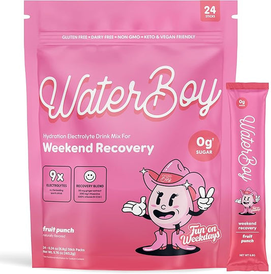 Waterboy Weekend Recovery x FOW | 3,200mg Electrolyte Powder Packets | Ginger + L-Theanine + Vitamins | No Sugar, All Natural, Gluten Free | 24 Drink Stick Mixes (Fruit Punch)