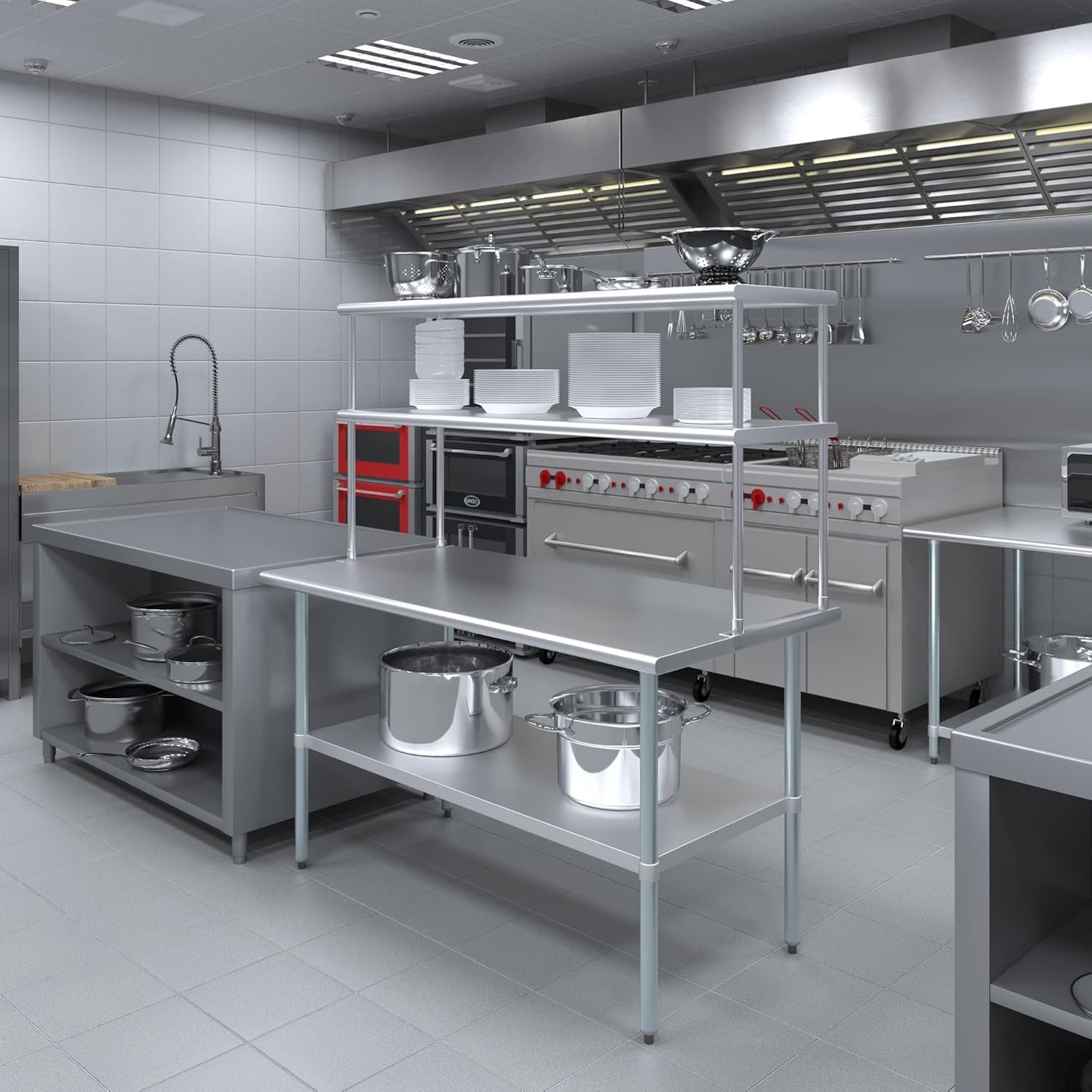 Amgood Stainless Steel Work Table Double Tier Overshelf | Metal Kitchen Prep Table & Shelving Combo (30" x 60" Work Table + 18" Overshelf)