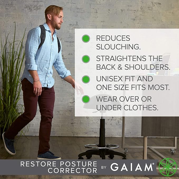 Gaiam Restore Posture Corrector for Women & Men - Back Straightener Adjustable Straps Compact Brace Support for Clavicle, Neck, Shoulder, Invisible Pain Relief