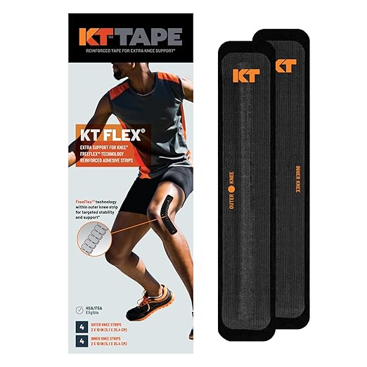 KT Tape, KT Flex Reinforced Adhesive Strips – 8 Pack, 10 in. Precut Strips in Black – Effective Support for Weak or Injured Knees, 2-Strip Application, Breathable, and Comfortable for Up to 3 Days